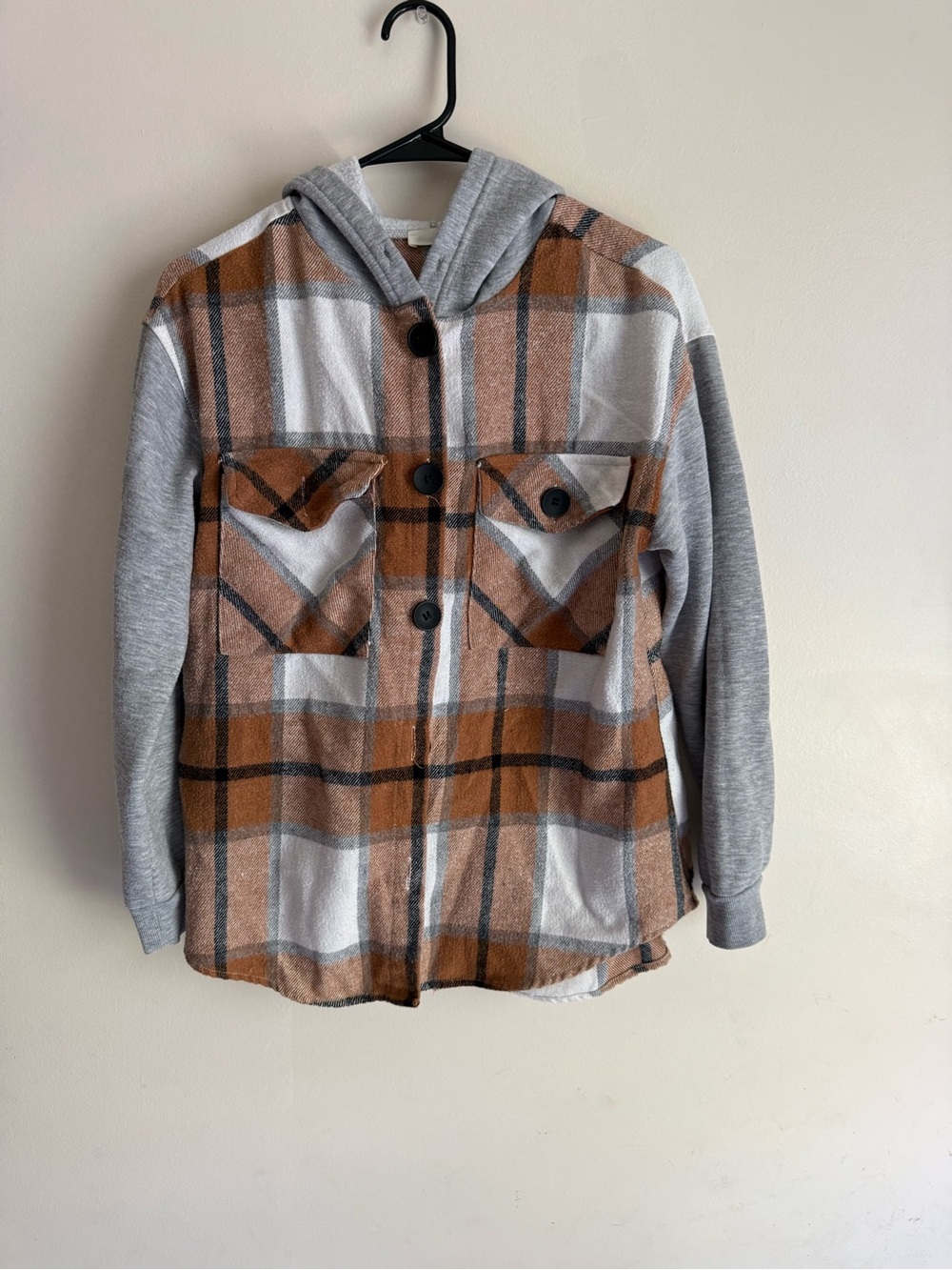 Kids Plaid Hooded Shacket - Brown & Gray